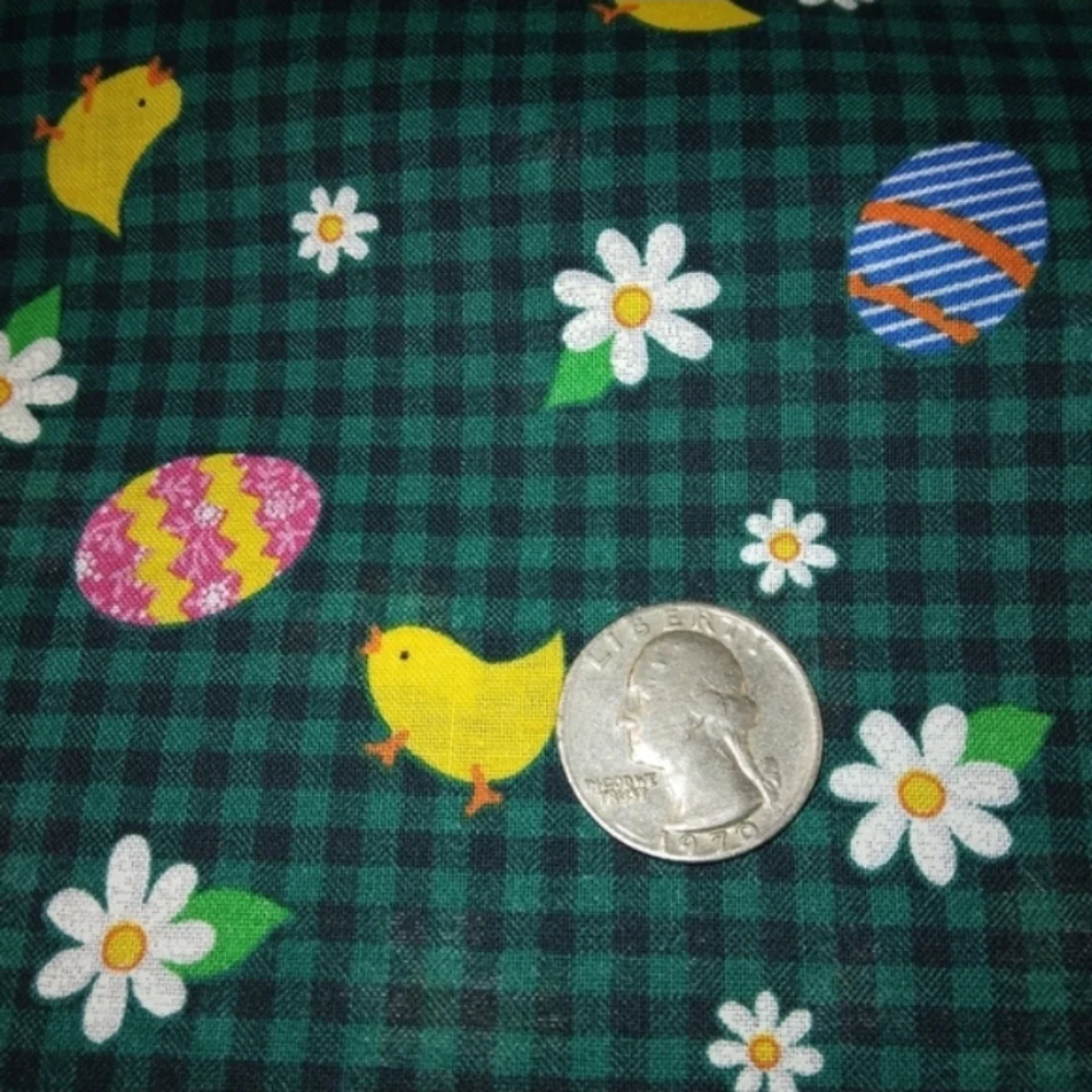FABRIC 100% cotton Easter eggs chicks and daisies on green & black Gingham 5yds